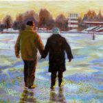 Malerei, älteres Paar mit Rücken zum Betrachter alufen über zugefrorenen See