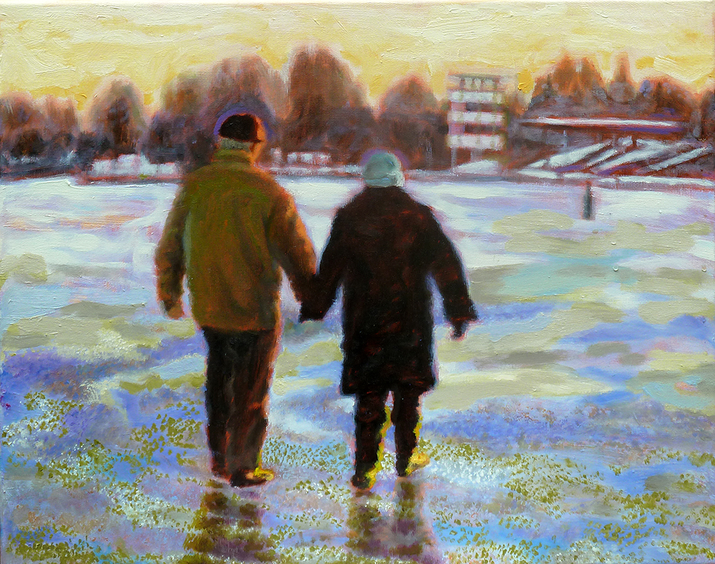 Malerei, älteres Paar mit Rücken zum Betrachter alufen über zugefrorenen See