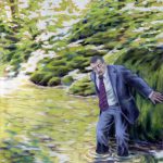 Malerei, Geschäftsmann steht mit den Füßen in Fluss, Wald