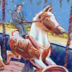 Malerei, kleiner Mann in Anzug reitet auf großem Karussellpferd