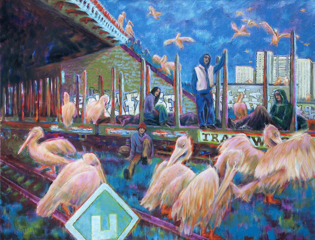 Malerei, Menschen unter Brücke, auf Güterwagen mit Pelikanen ,
