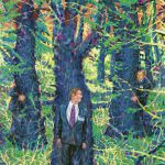 Malerei, Drei Männer in Anzügen verstecken sich hinter Bäumen
