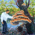 Malerei, Mann berührt riesigen Pilz