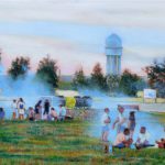 Malerei, Menschen beim Grillen auf Tempelhofer Feld, Rauch steigt auf