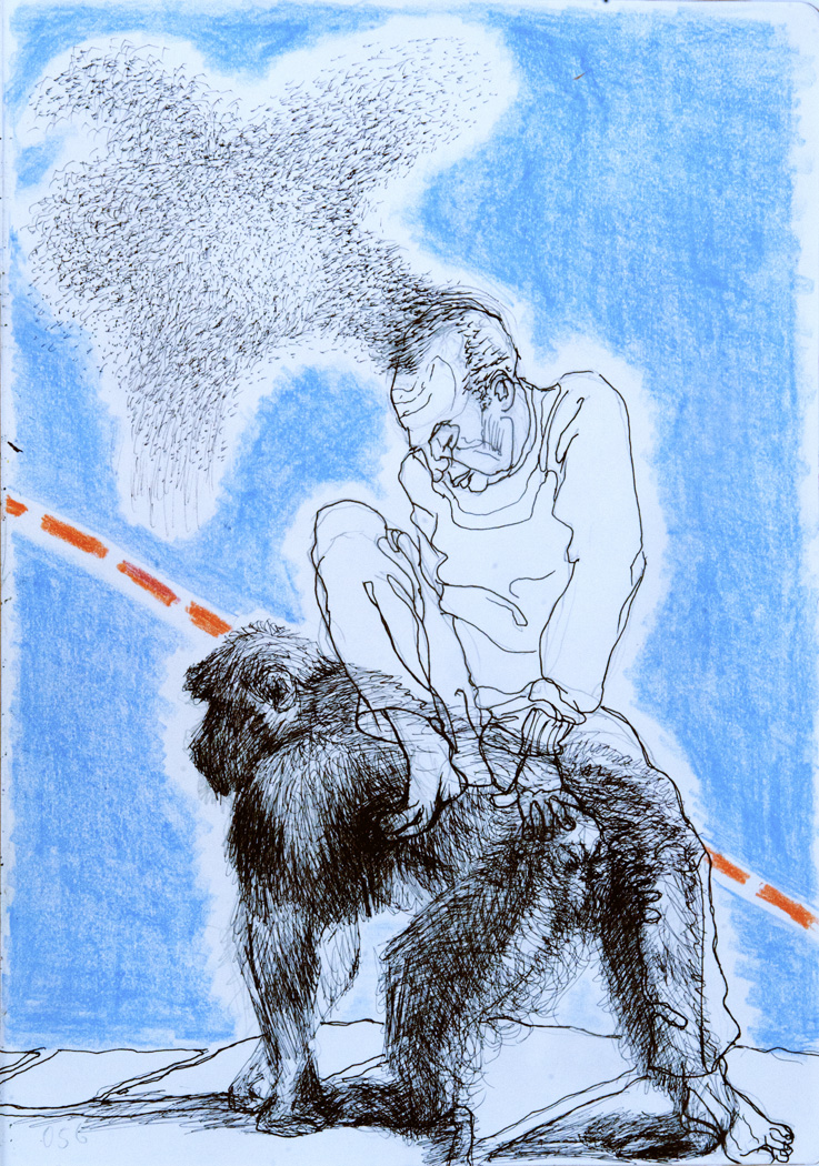 Mann sitzt auf einem Affen