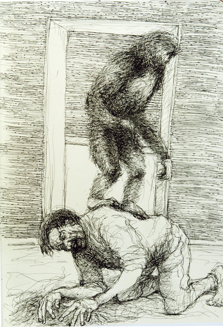 Gibbon steht auf einem am Boden knienden Mann