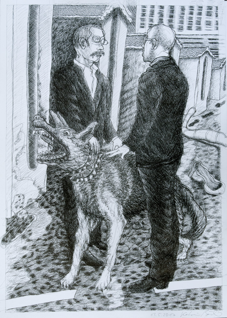 Zeichnung, Bellender Hund zwischen zwei Männern