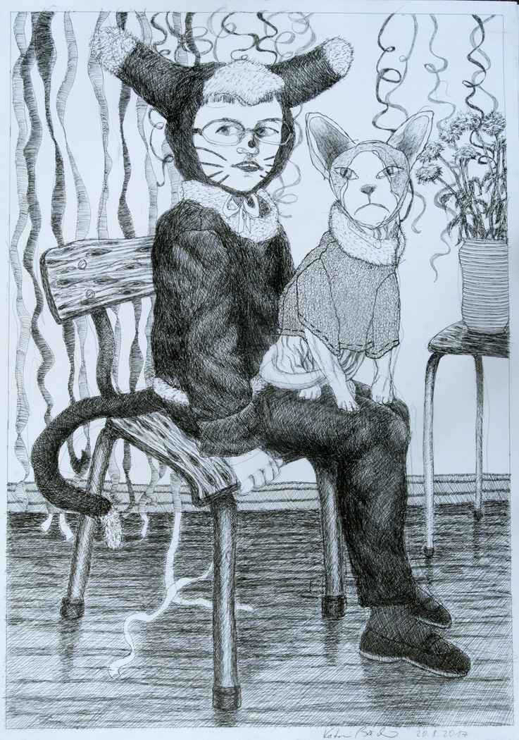 Zeichnung, Mädchen mit Katze auf dem Schoß, Fasching