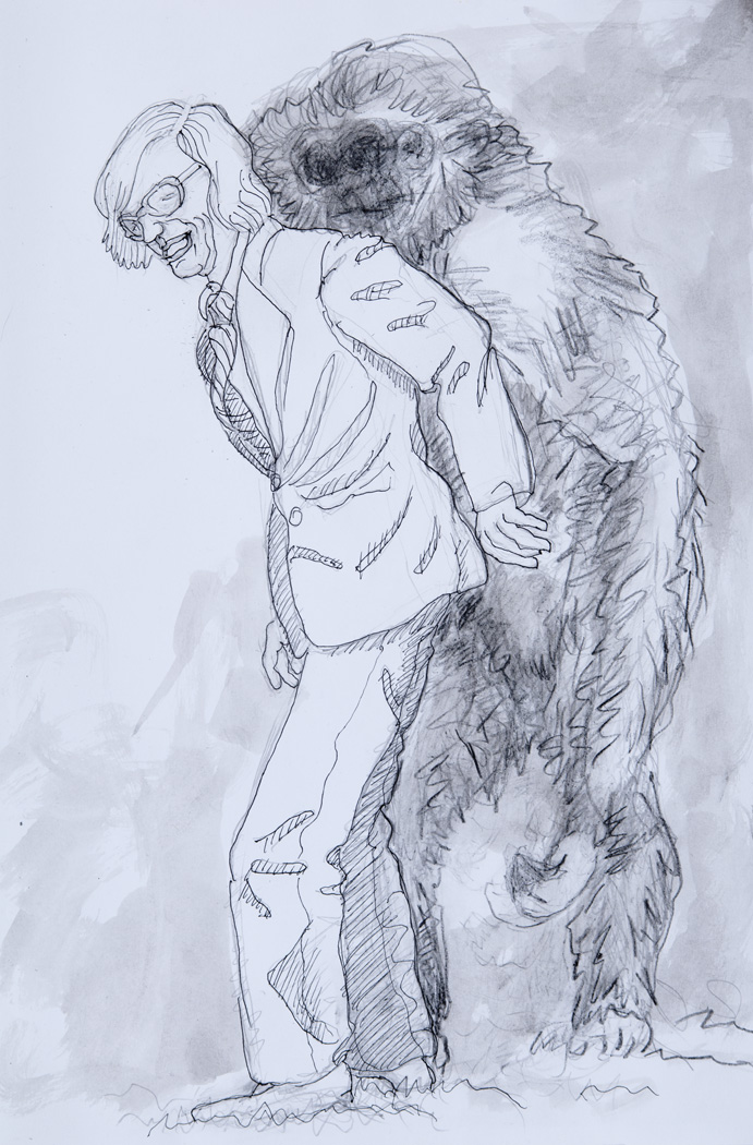 Zeichnung, Großer Gibbon steht hinter Mann