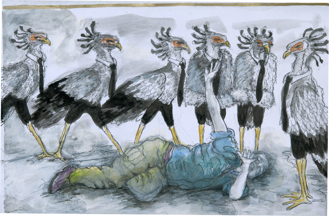 Zeichnung, Sekretärsvögel um einen Mann, der am Boden liegt